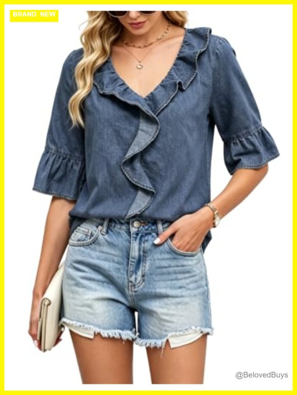 Ruffle Denim Top Blouses for Women Dressy Casual - Washed Chambray V-Neck
